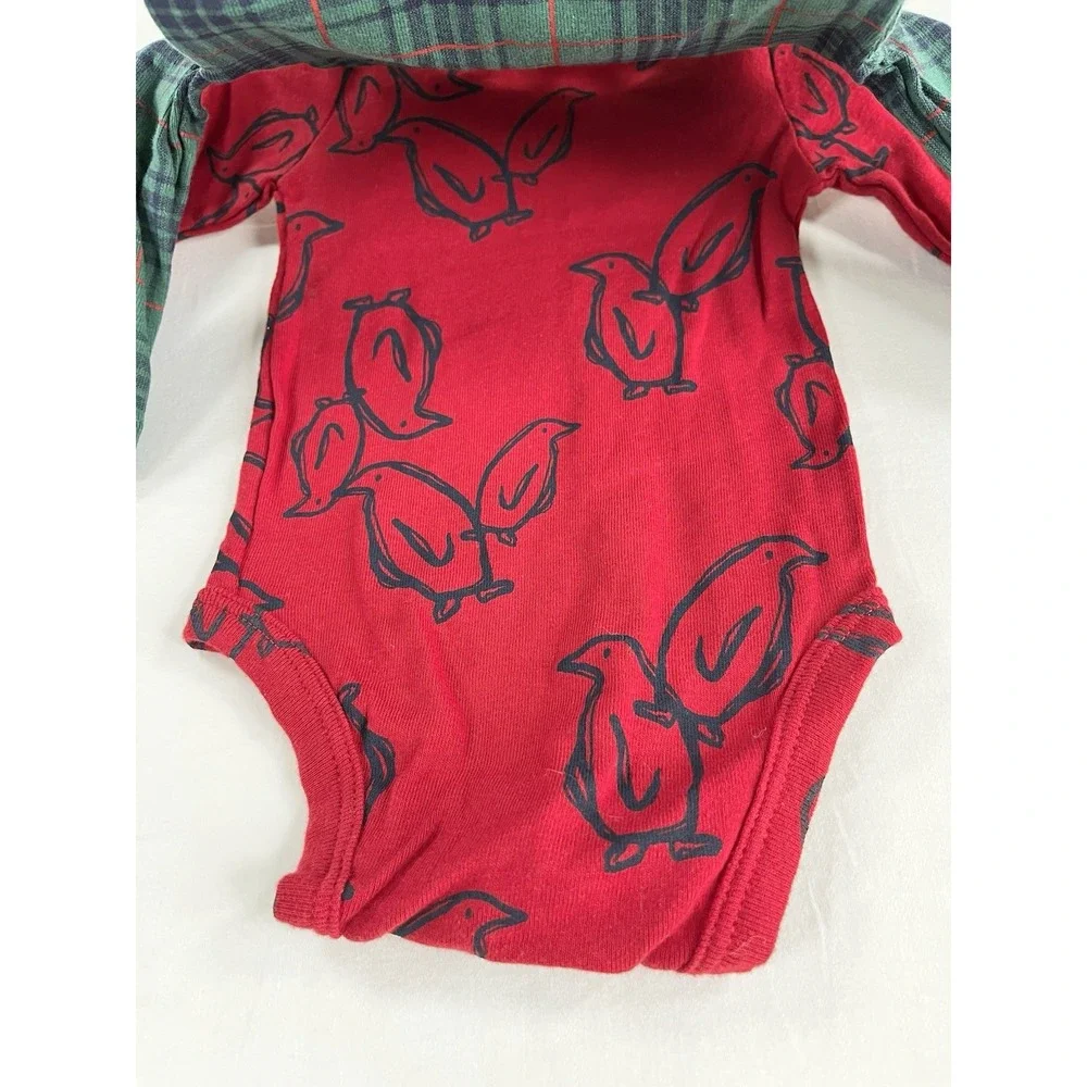 Carter's Baby 3M 3pc Penguin Winter Outfit Plaid Long‎ Sleeve Bodysuit Pants NWT